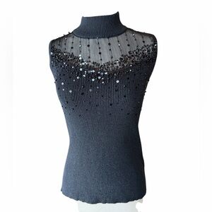 Y2K Dressbarn Sparkly Metallic Sleeveless Ribbed Form-Fitting Sheer Mesh Yoke, w
